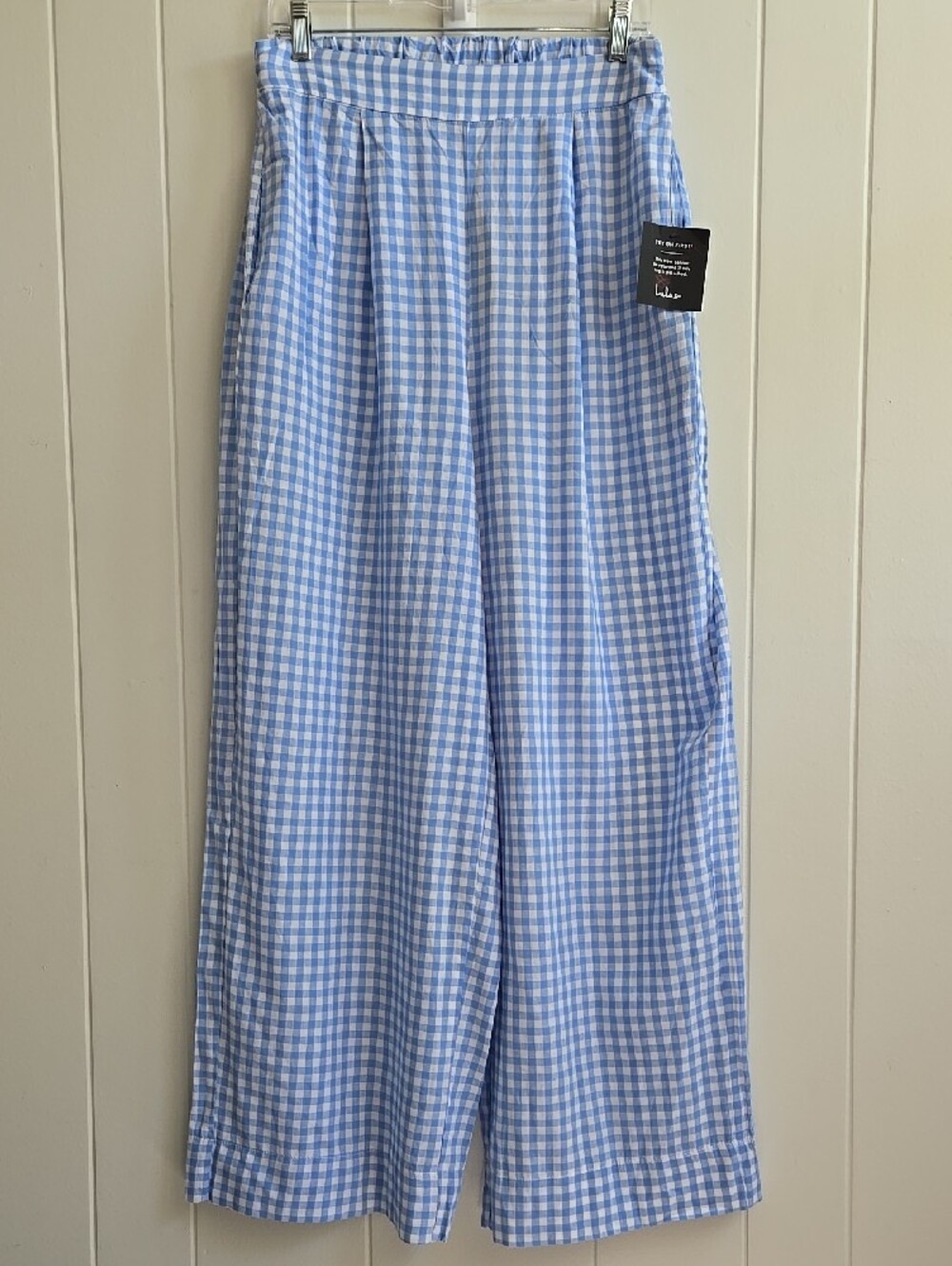 Lulus Delphine Blue and White Gingham Wide-Leg Pants Size L - Picture 3 of 11